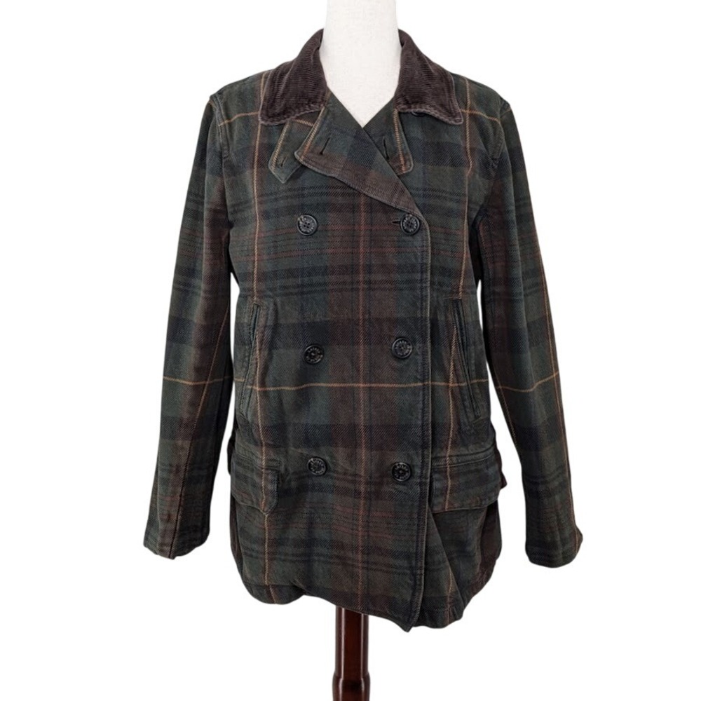 Lauren Ralph Lauren Plaid Barn Coat‎ Women's XL Green Brown Corduroy Collar